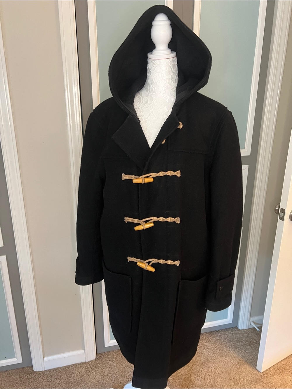 J. Crew Black Hooded Duffle Coat with Tan Toggle Closures
